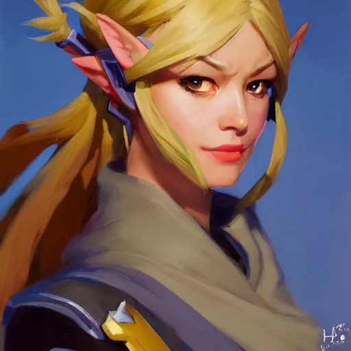 Image similar to greg manchess portrait painting of zelda as overwatch character, medium shot, asymmetrical, profile picture, organic painting, sunny day, matte painting, bold shapes, hard edges, street art, trending on artstation, by huang guangjian and gil elvgren and sachin teng