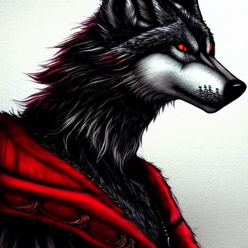 Image similar to an anthropomorphic wolf in a black doublet looking out over the hills, red eyes, artstation hq, stylized, sharp focus, concept art, furaffinity fursona, furry, anthropomorphic, digital art by ayami kojima