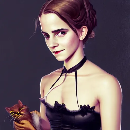 Prompt: highly detailed painting of emma watson wearing a black cat lolita maid dress, 8 k, by greg rutkowski, artgerm, loish, rhads, global illumination