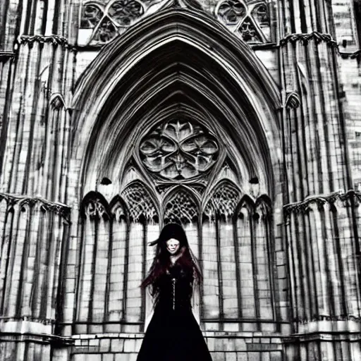 Image similar to a gothic cathedral, a gothic girl dressed