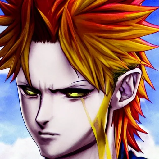 Image similar to beautiful portrait of hisoka morow, red hair, white shirt with yellow hem, realistic anime, hyper realistic