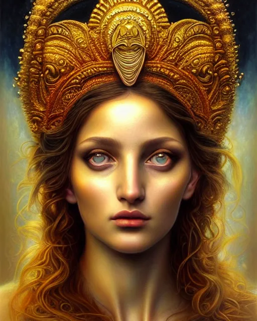 Image similar to portrait of the beautiful young aphrodite's goddess, unusual beauty, esoteric, outher worldly colours, head in focus, fantasy art, ornamental, intricate, elegant, highly detailed hyperrealistic painting, artstation, concept art, painterly, golden ratio, sharp focus, illustration, art by tomasz alen kopera