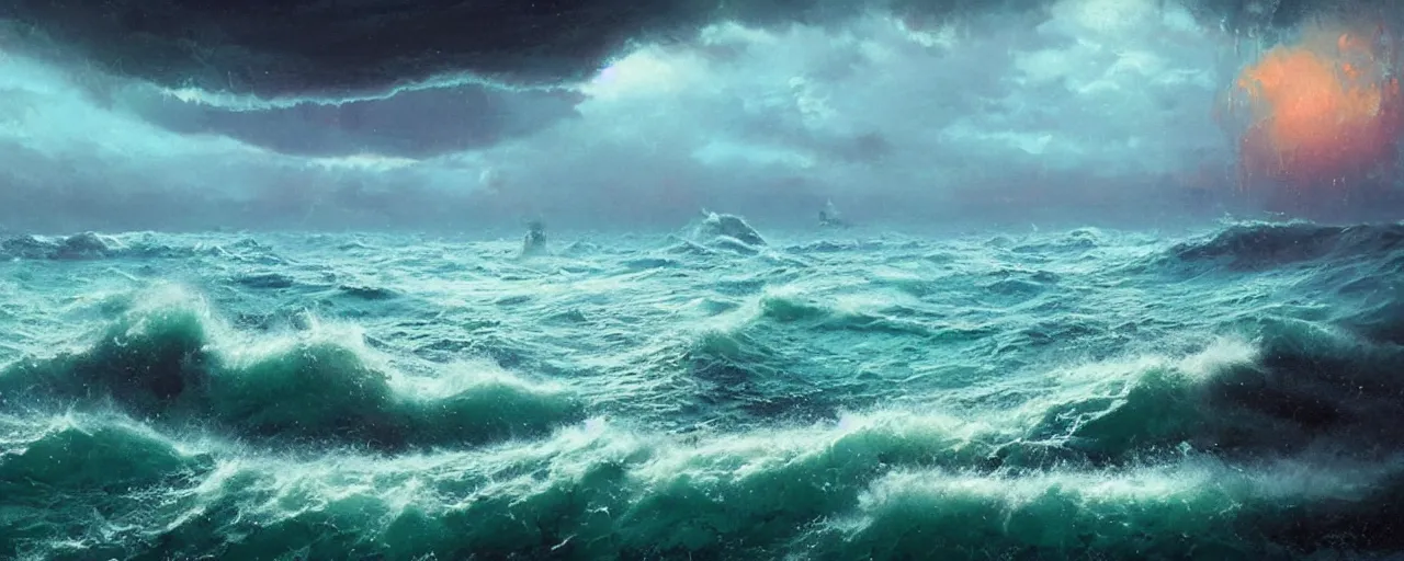 Image similar to ” vast ocean, [ art by paul lehr, cinematic, detailed, epic, widescreen, opening, establishing, mattepainting, photorealistic, realistic textures, octane render ] ”