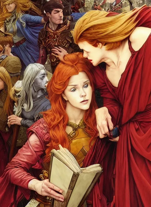 Image similar to an epic fantasy comic book style painting of a young red headed girl with a book in one arm meeting a young boy thief with blonde wearing plain brown leather thief clothes, d & d, fantasy, intricate, elegant, highly detailed, digital painting, artstation, concept art, matte, sharp focus, illustration, art by artgerm and greg rutkowski and alphonse mucha