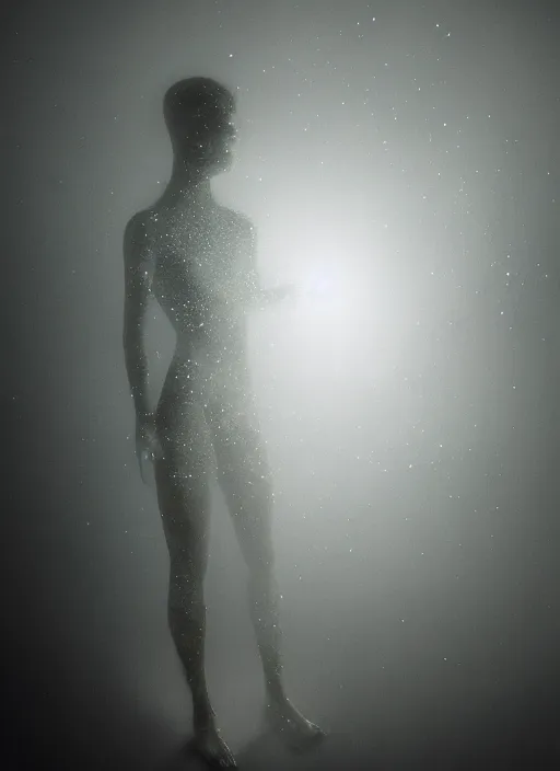 Image similar to crystallized human silhouette, large diffused glowing aura, long exposure, film grain, cinematic lighting, concept art, maximum detail, cgsociety, mirrors, gentle