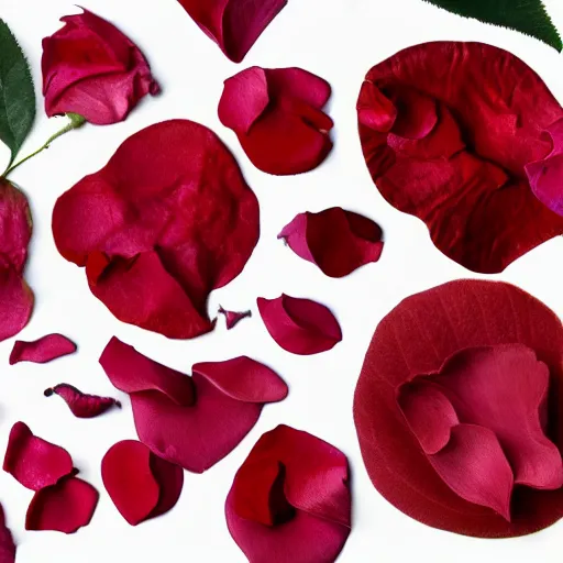 Image similar to various kinds of separate rose petals, botanical illustration, white background, 8 k