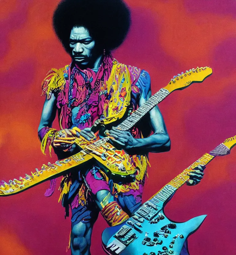 Prompt: colourful afrofuturist jimi hendrix playing guitar biomorphic opart, octane render 8 k, pascal blanche, josh kirby, roger dean, james jean, giger, arthur rackham, moebius, syd mead, killian eng beksinski, greg hildebrandt, scifi, 8 k