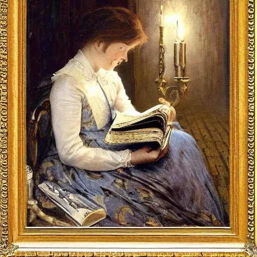 Image similar to scared young victorian lady reading a horror book with an occult symbol on the cover, painted by alfred stevens