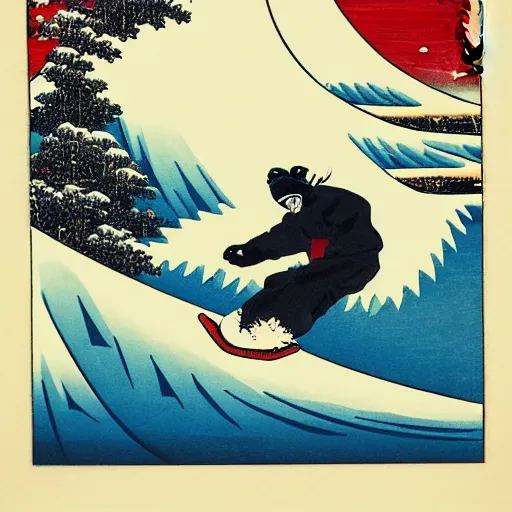 Prompt: man snowboarding snowing woodblock print, style of hokusai winter, fine art, style of kanagawa, painting