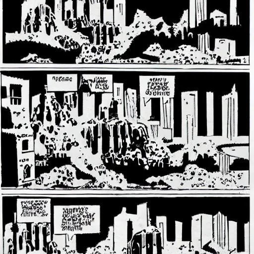 Prompt: landscape of apocalypse city comic book artsyle illustration by mike mignola