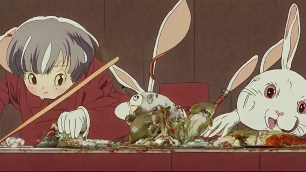 Image similar to a rabbit being butchered, anime film still from the an anime directed by Katsuhiro Otomo with art direction by Salvador Dalí, wide lens