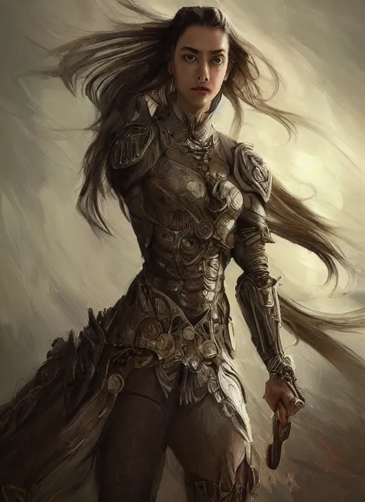 Image similar to a professional portrait of a beautiful young female, clothed in ethereal battle armor, olive skin, long dark hair, beautiful bone structure, symmetrical facial features, intricate, elegant, digital painting, concept art, smooth, sharp focus, finely detailed, illustration, from Valerian and the City of a Thousand Planets, in the style of Ruan Jia and Mandy Jurgens and Artgerm and Greg Rutkowski and William-Adolphe Bouguerea