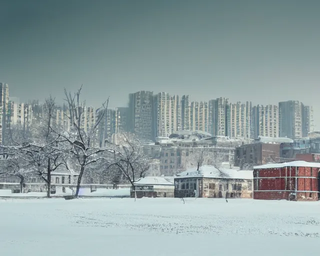 Image similar to a snow covered field with buildings in the background, a matte painting by zlatyu boyadzhiev, featured on unsplash, brutalism, nightscape, quantum wavetracing, photo taken with ektachrome