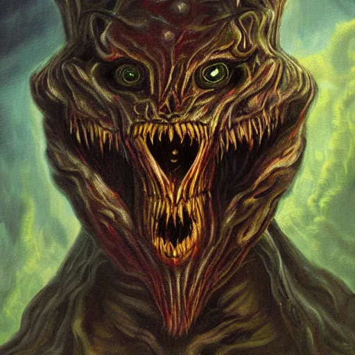 Image similar to Returnal creature monster oil painting fantasy epic, dark, creepy