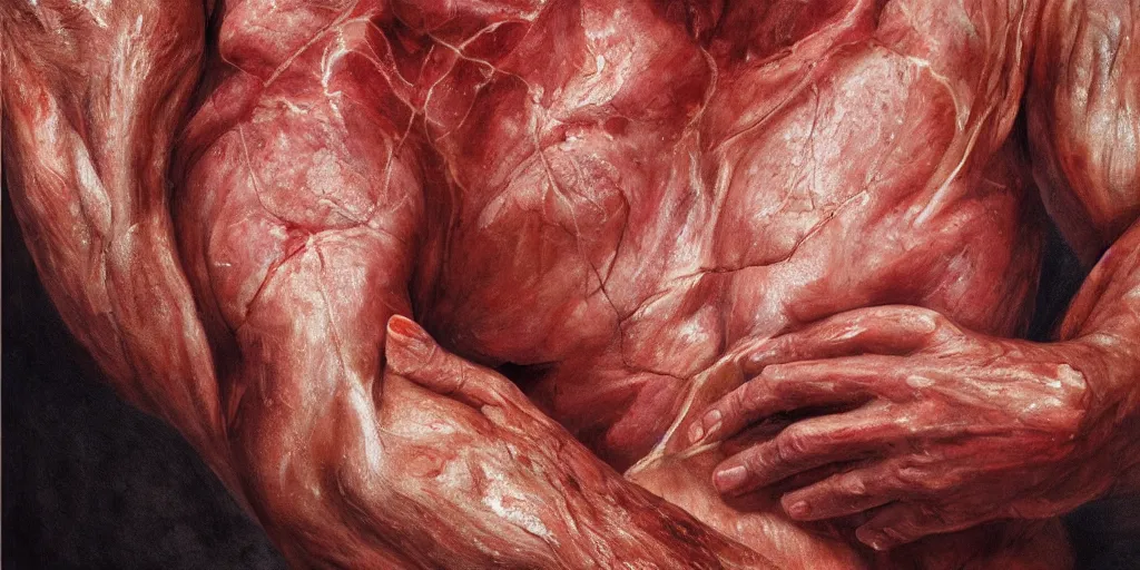 Prompt: medical detail of flesh skin painitng, wrinkles and muscles, meat veins, arm hairs, 4k, oil on canvas, photorealistic, soft light, light from above, cinematic lighting, vibrant, macro details, contrasting, nightscape