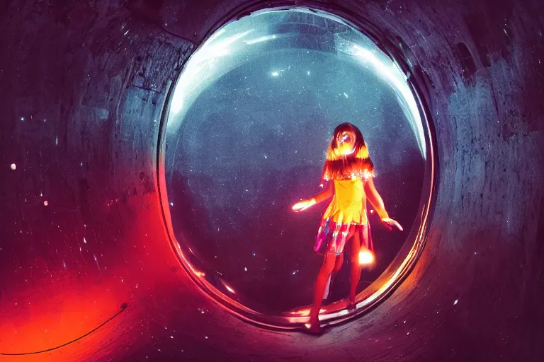 Image similar to girl emerging from a space portal in cyberspace, in 1 7 6 7, cutecore clowncore, bathed in the the glow, alien castle in background, low - light photograph, in style of tyler mitchell