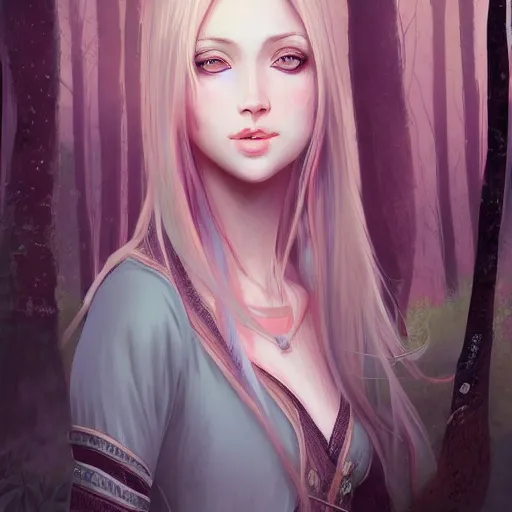 Prompt: elven huntress in mystic forest, pastel light pink very long hair, muted colors, matte print, pastel colors, 2d, ultra highly detailed, digital art, digital painting, fan art, elegant, artstation, head is centered, by Ilya Kuvshinov