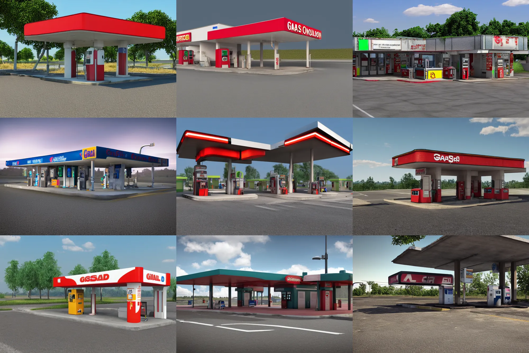 Prompt: 3d render of an abandoned gas station on a road