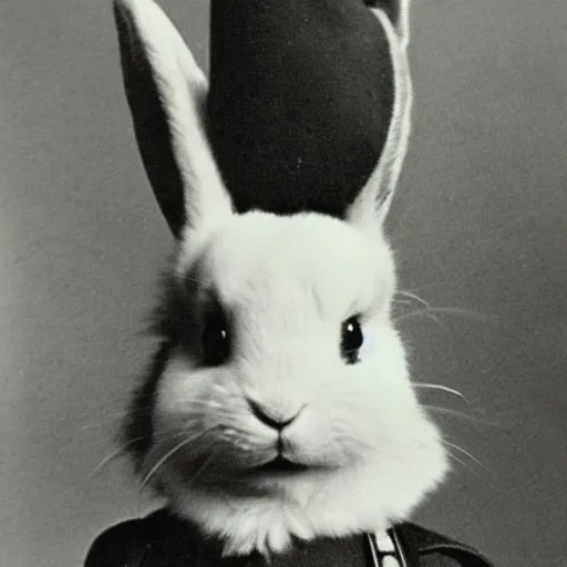 Image similar to a black and white photograph of a rabbit wearing a Russian World War 1 uniform