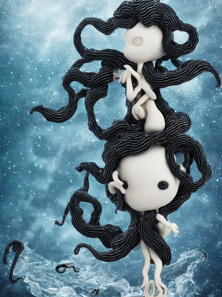 Image similar to cute fumo plush gothic translucent octopus maiden alien girl combing her hair in the waves of the wavering dark galactic abyss, ocean wave thunderstorm and reflective splashing water, black and white, ocean simulation, vignette, vray