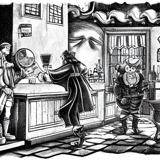 Prompt: the bartender tells the client a story about how he was robbed by a clown a medieval town in the style of kentaro miura, 4 k, 8 k, absolute detailing of even the smallest details and particles, beautiful shadows, beautiful art, black and white drawing