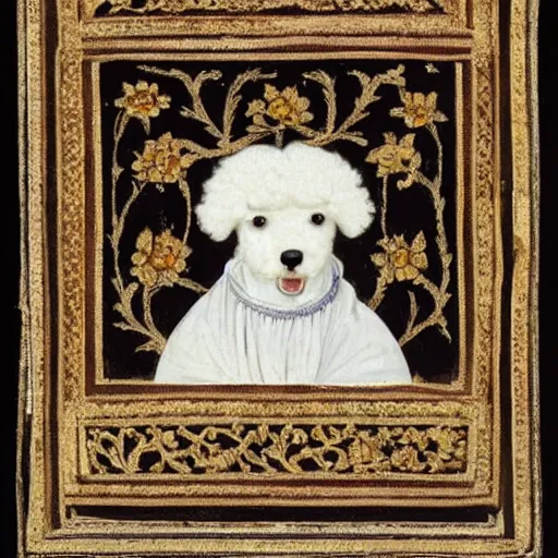 Prompt: portrait of a white poodle as an italian noblewoman, italo - byzantine era 7 0 0 ce