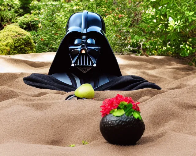 Image similar to 8 5 mm photography of darth vader in an avocado costume near a garden with sand with dof and bokeh and flowers