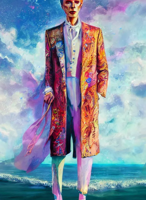 Image similar to detailed full body concept art illustration colorful pastel painting of a david bowie on the ocean in full intricate clothing, ultra detailed, digital art, octane render, 4K, dystopian, micro details