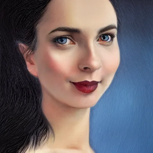 Image similar to full body portrait of a dark haired girl with blue eyes, gentle round face, with a bright smile, intricate detailed black goth dress, highly detailed, deep focus, elegant, digital painting, smooth, sharp focus, golden ratio, illustration, ultra realistic, 8 k, art by artgerm, caravaggio and vittorio reggianini