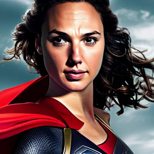 Image similar to an potrait of gal gadot play Man of Steel replacing Henry Cavill, photorealistic, high detail, photo studio, testing custom, full body shot 4k