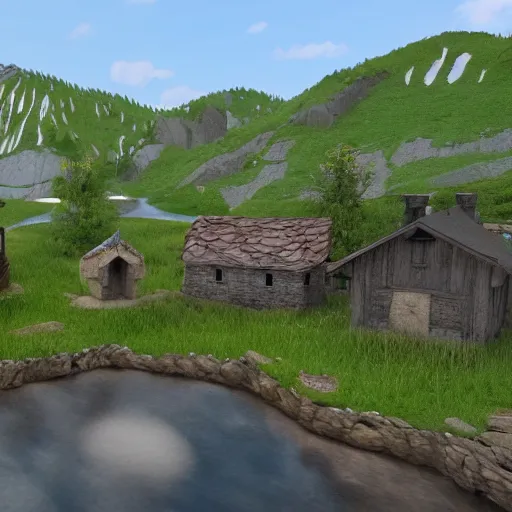 Image similar to a village built on a tarn, mountain lake, highly detailed, 8k, Unreal Engine, render