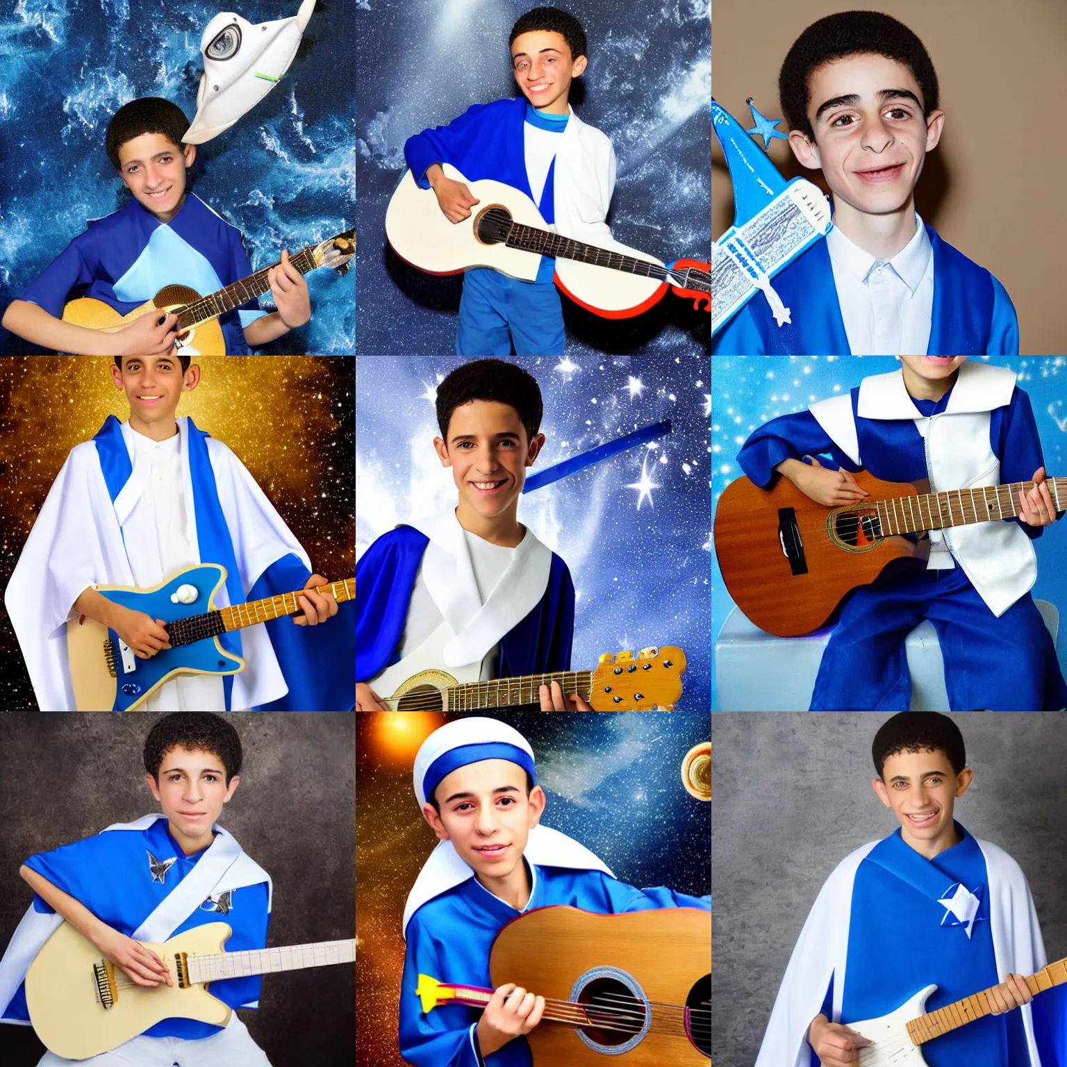 Prompt: israeli bar mitzva boy, aged 13, thin. light skin, with a white and blue cape, riding a shark, playing guitar, in outer space