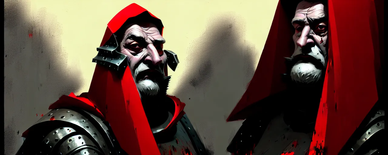 Image similar to duotone crimson comic noir illustration 3 / 4 portrait of bloody baron fat old man with patchy beard in steel armor and crimson cape hood from wicther 3 sitting in a wooden stronghold. by sachin teng and sergey kolesov and ruan jia and heng z. graffiti art, scifi, fantasy, hyper detailed. octane render. concept art. trending on artstation