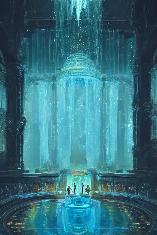 Image similar to inside of an atlantis palace, bioluminescent light, fountain, crystals, intricate, elegant, volumetric lighting, digital painting, highly detailed, artstation, sharp focus, illustration, concept art, ruan jia, steve mccurry