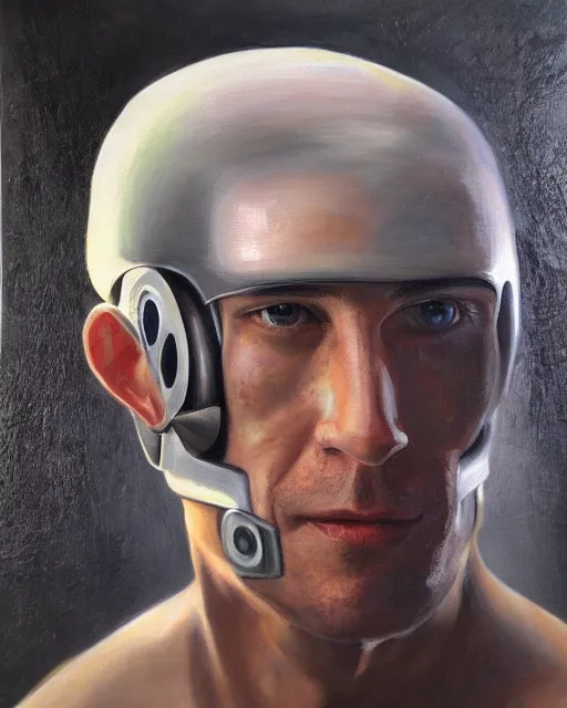 Image similar to sweet portrait of a cyborg man, oil painting. HD