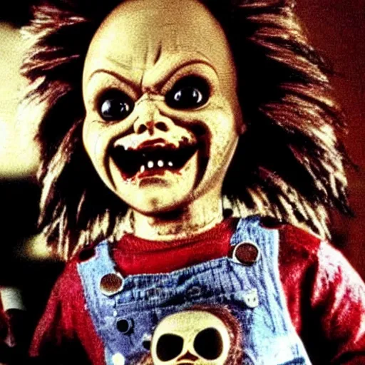 Prompt: Evil creepy looking Chucky the killer doll from Child's Play surrounded by zombies in the movie Dawn of the Dead