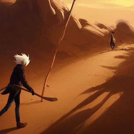 Prompt: a young man with gray hair,a stylish beard,walking through a desert with a glowing stick,digital art,art by greg rutkowski,trevor henderson,rossdraws,character design,concept art,western comic style,sharp lines,photorealiatic,hyperdetailed,detailed face,high quality,professional lighting,glowing