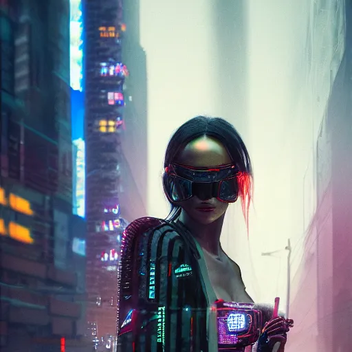 Image similar to ultra realistic and intricate detailed photograph of a cyberpunk woman in streets, neon, cyberpunk, technology, innovation, bright modern style, blade runner, artstation, unreal render, depth of field, ambient lighting, award winning, stunning