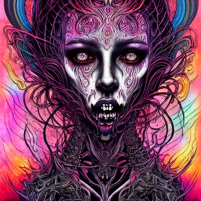 Prompt: symmetrical complex fine detailed, black ink & copic markers, spiritual horror lsd art in vibrant muted colors, disturbing grunge still of a lovecraftian demon infested typical karen, by arthur adams, by tom bagshaw, by henry asencio, by kikuchi hideyuki