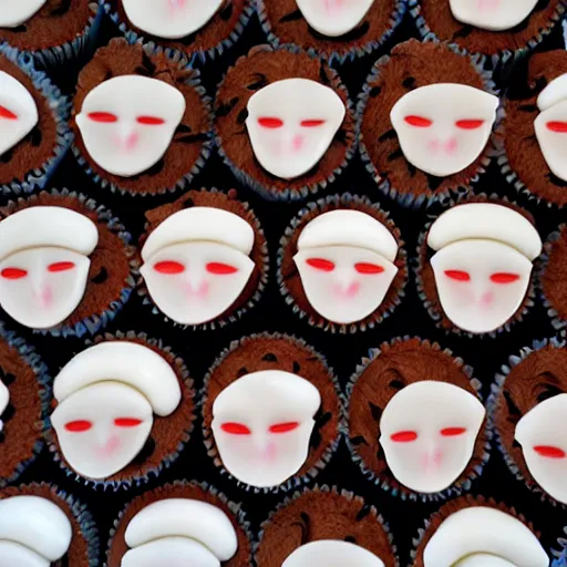 Prompt: cup cakes with vanilla frosting in the shape of the face of kate mara, 4 k, hyperdetailed, photorealism