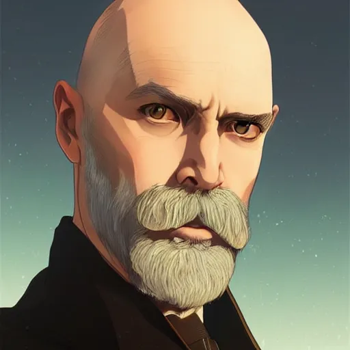 Image similar to portrait from a handsome masculine balded wizard by artist kuvshinov ilya