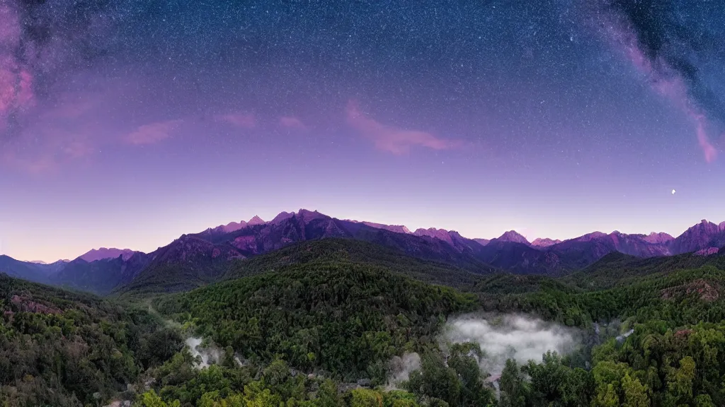 Image similar to Panoramic photo where the mountains are towering over the valley below their peaks shrouded in mist. It is night and the moon is just peeking over the horizon and the purple sky is covered with stars and clouds. The river is winding its way through the valley and the trees are blue and pink