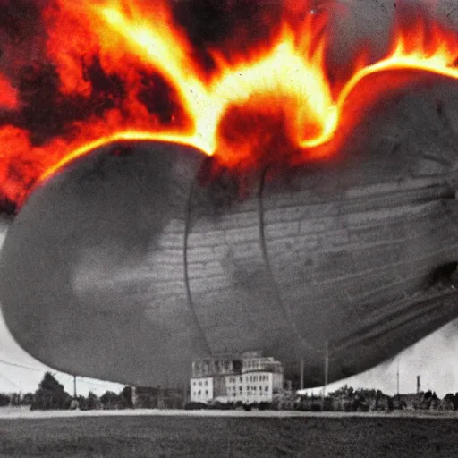 Prompt: the goodyear blip laughing at the hindenburg as the hindenburg goes down in flames, 4 k, realistic photo