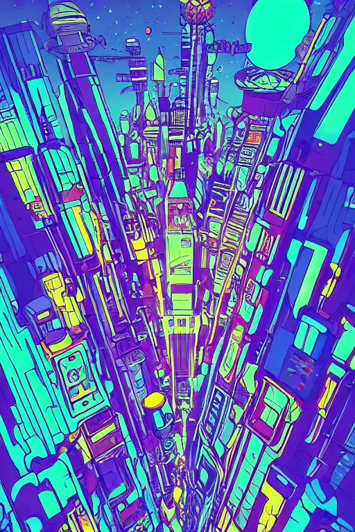 Image similar to astronaut cyberpunk surreal upside down city, neon lights, sharp edges, flat colors, cell shaded by moebius, Jean Giraud, trending on artstation