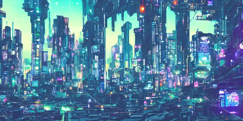 Image similar to city in the style of cyberpunk with a gigantic building in the middle, space sky, anime illustration,