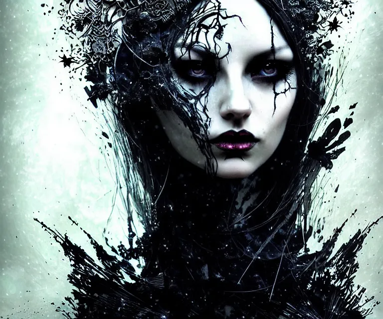 Image similar to stunning otherworldly gothic goddess of freewill, dark and mysterious, atmospheric, ominous, eerie, cinematic, epic, 8 k, ultra detail, ultra realistic, rendered by awesomeness. nights falling wind is blowwing snow is pilling concept art in style of carne griffiths artwork by xsullo. backround by elson, peter kemp, peter