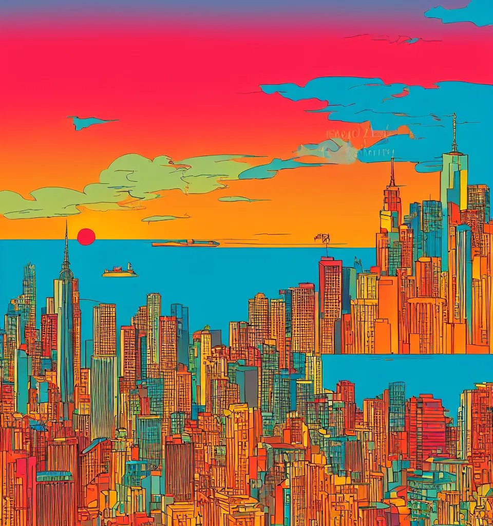 Image similar to gorgeous romantic sunset, cliffside onlooking the beautiful city of new york, warm colors, tropical, in the style of hiroshi nagai, very detailed, tropical, 8 0 s