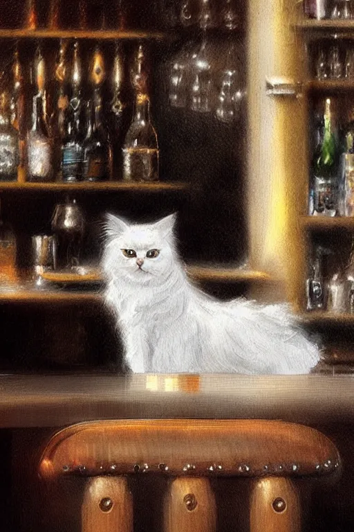 Image similar to of a british longhair cat sitting at the bar next to a beer, by greg rutkowski