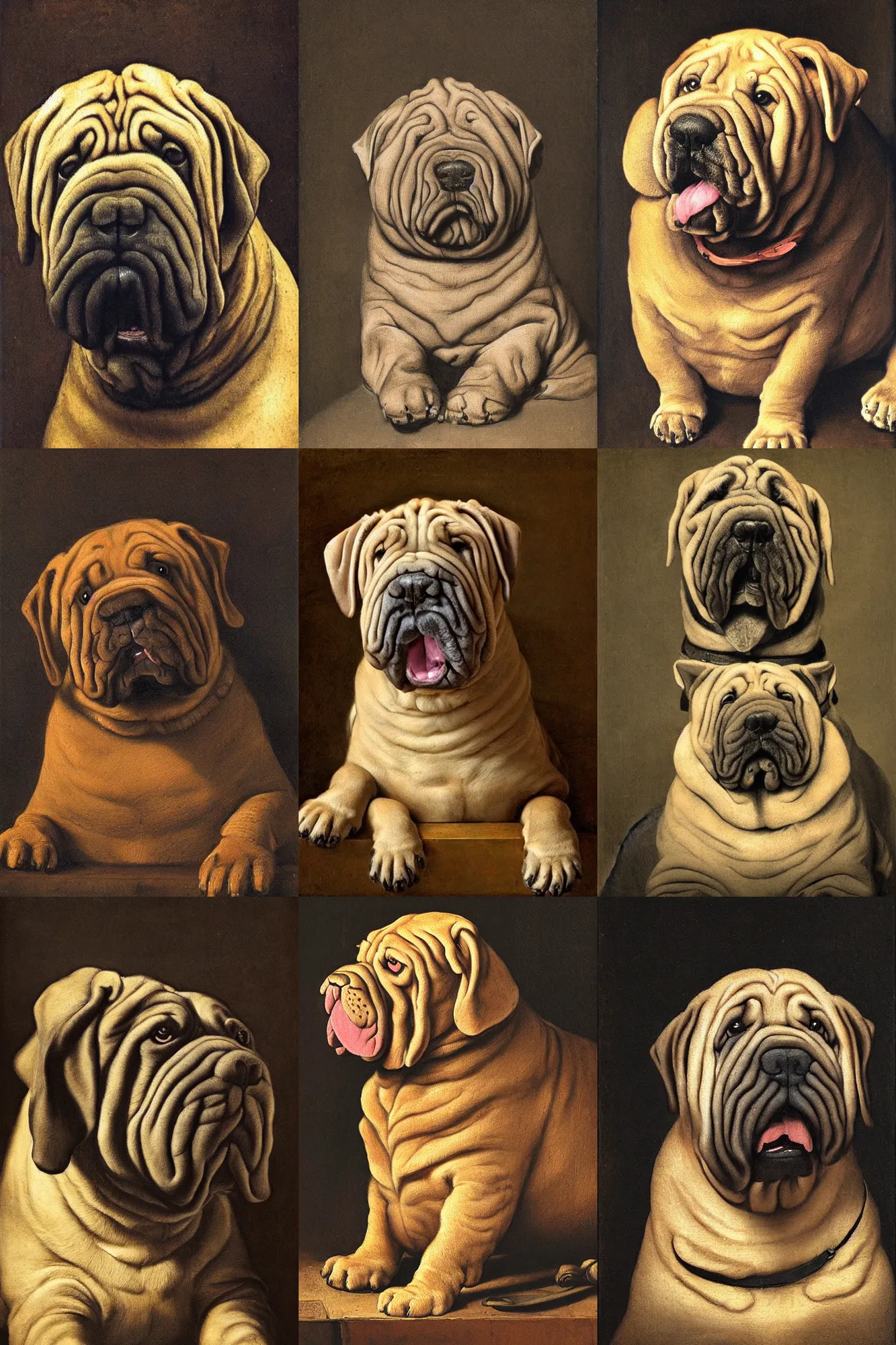 Prompt: portrait of a happy shar pei dog by rembrandt. the dog is very happy.