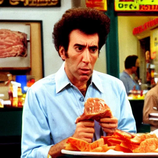 Prompt: cosmo kramer ravenously eating unknown meat in a new york deli